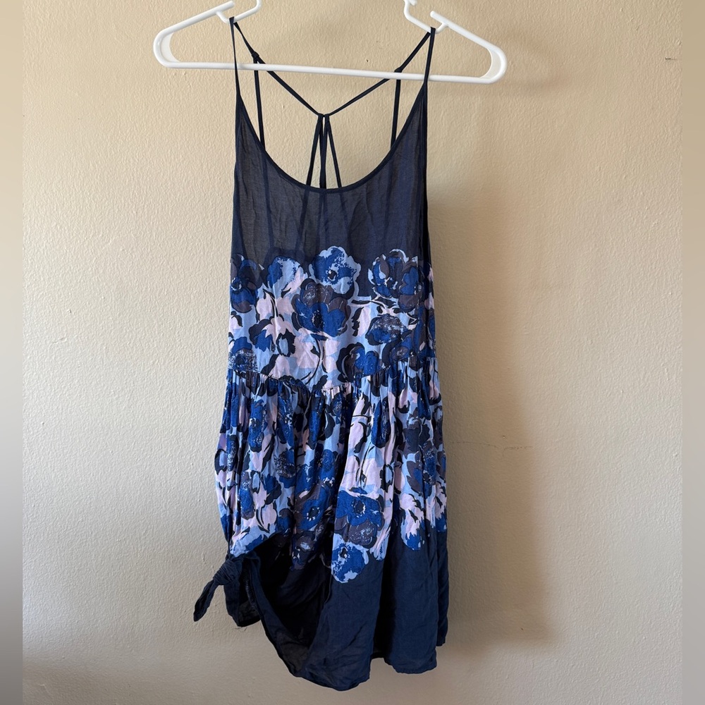 Free People Floral Babydoll Mini Dress Blue Boho Racerback Slip size S